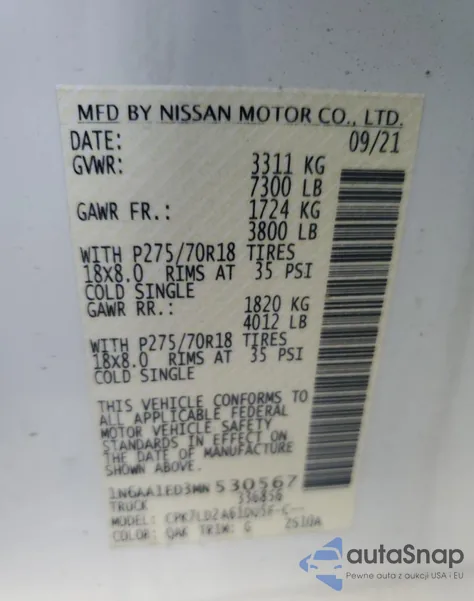 2021 Nissan Titan Sv из США, поврежденный, VIN 1N6AA1ED3MN530567